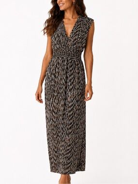 Studio West Brown Black White Printed V‑Neck Maxi Dress
